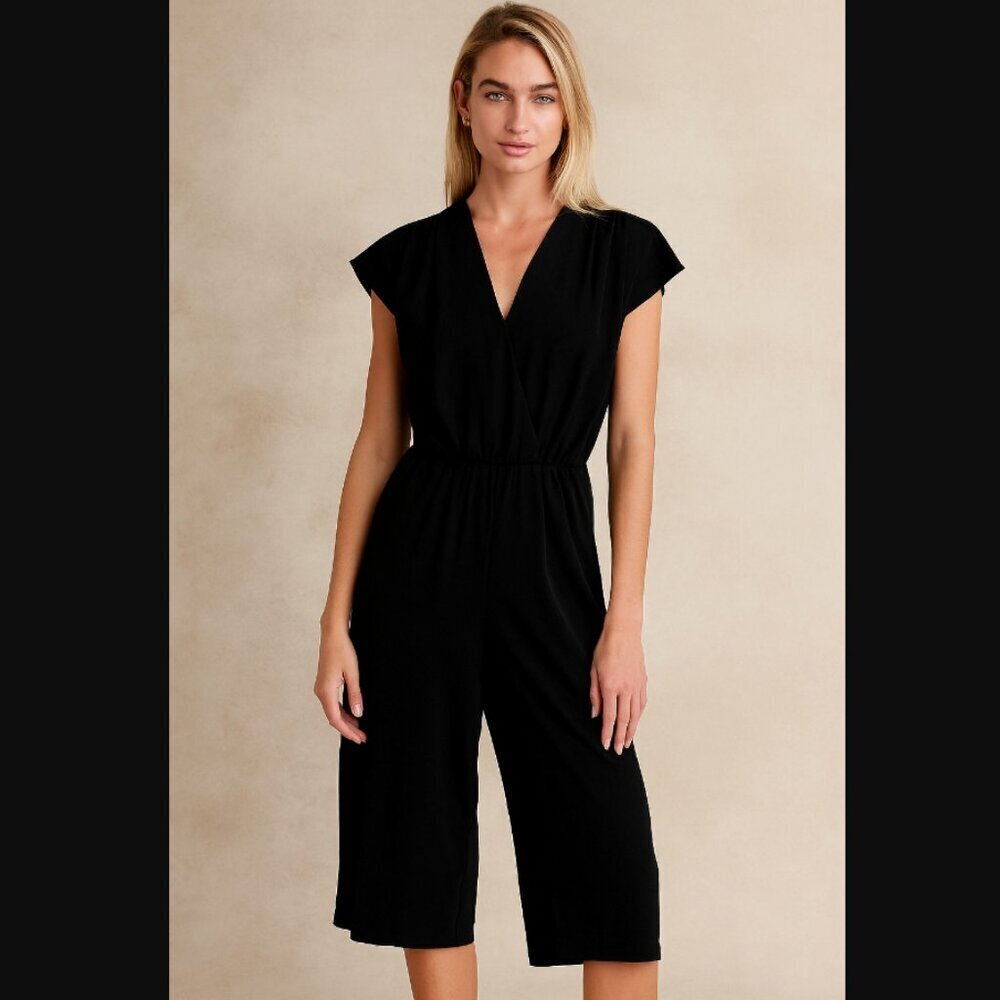 Amanda Uprichard Black Cap‎ Sleeve Wide Leg Cropped Jumpsuit